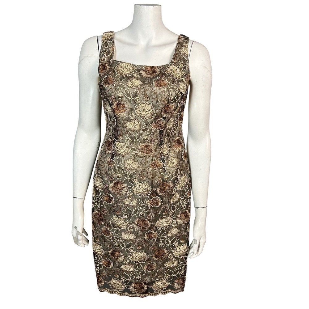 Cache VTG Lace Floral Pencil Dress Size 8 Fairy 90s Brown Tan Sleeveless Tank